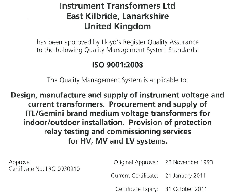 ISO 9001:2008 Certificate Text